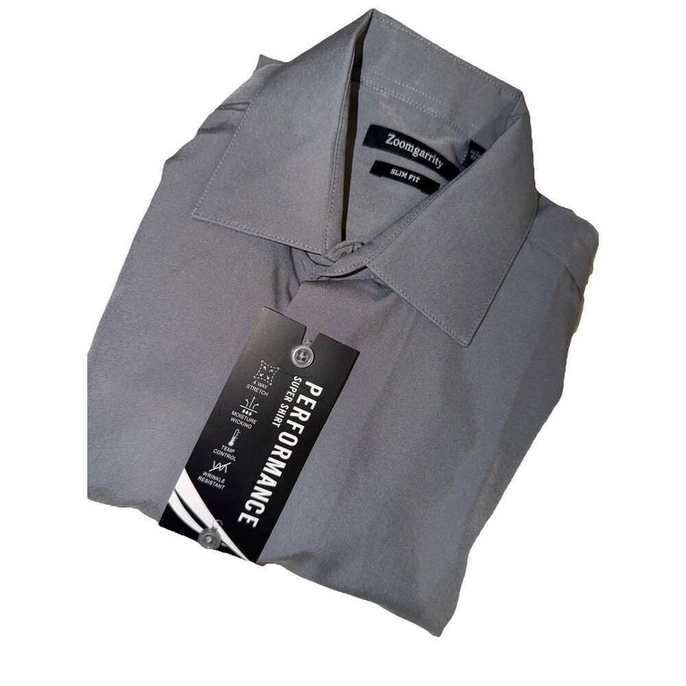 Zoomgarrity Shirt Mens Small Gray Slim Fit Performance Button Up Long Sleeve NWT